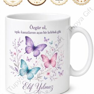 Kelebek Desenli Baskılı Kupa Bardak Hediye Özel Tasarım Porselen Mug