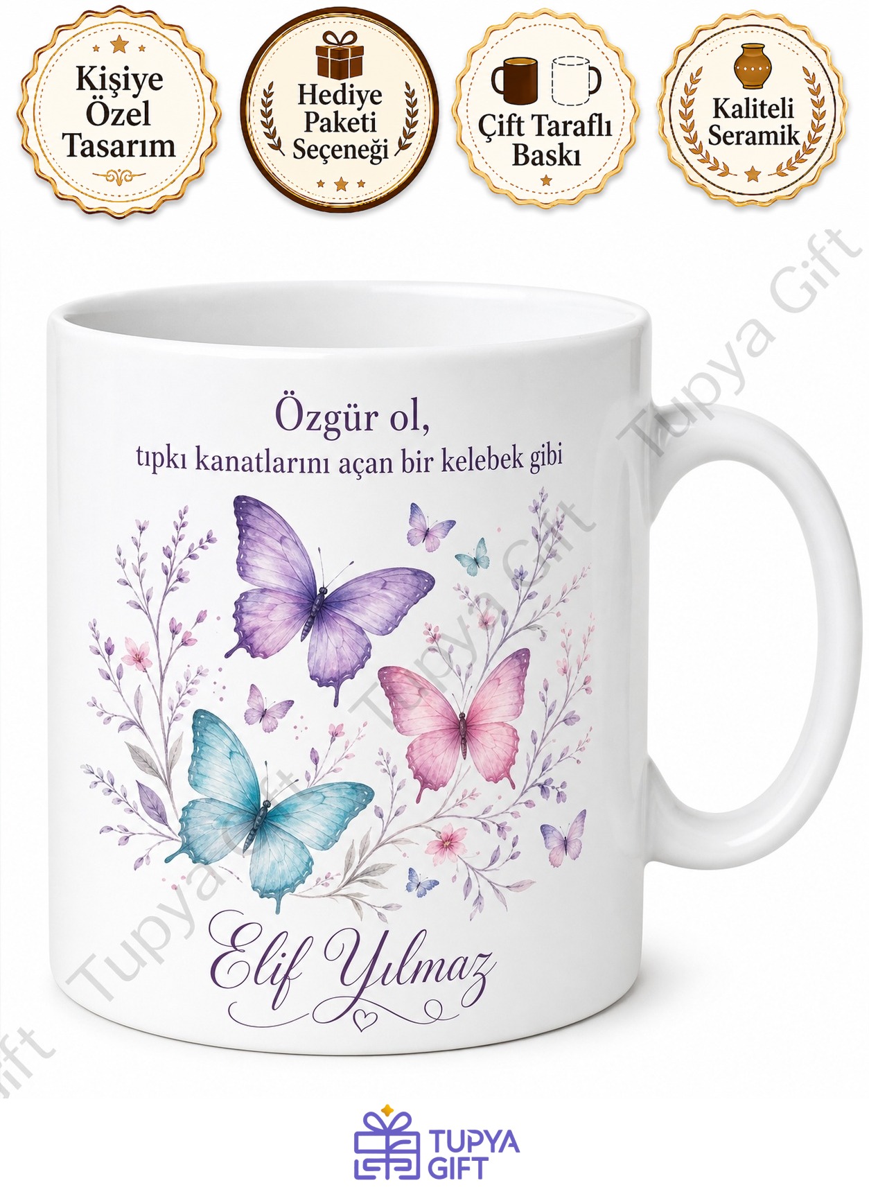 Kelebek Desenli Baskılı Kupa Bardak Hediye Özel Tasarım Porselen Mug