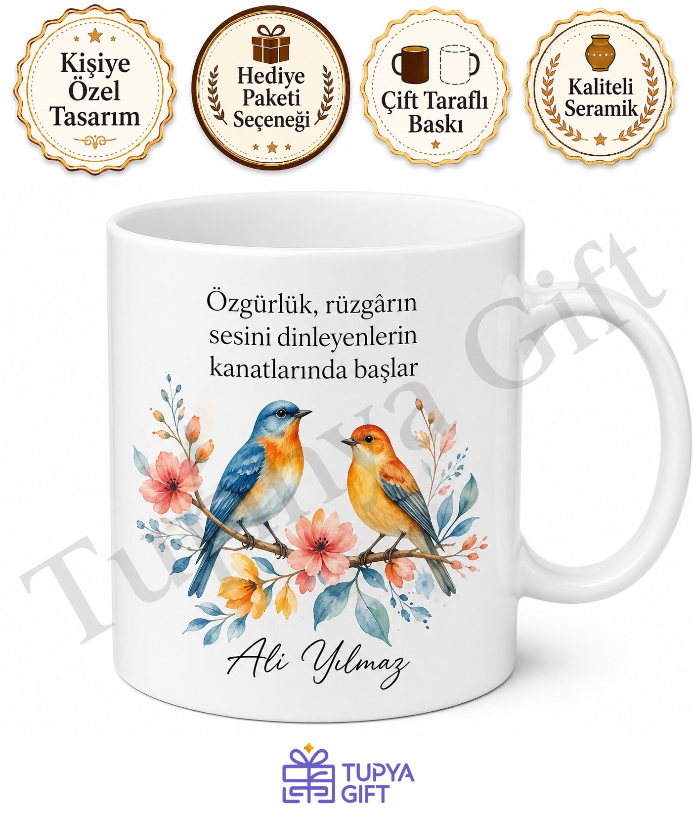Kuş Temalı Kişiye Özel Baskılı Kupa Bardak Hediye Porselen Mug