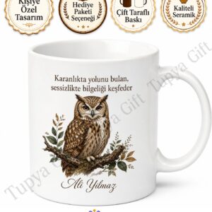 Baykuş Temalı Baskılı Kupa Bardak Hediye Özel Tasarım Porselen Mug
