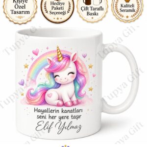 Unicorn Temalı Çocuk Hediyesi Baskılı Porselen Kupa Bardak Özel Tasarım