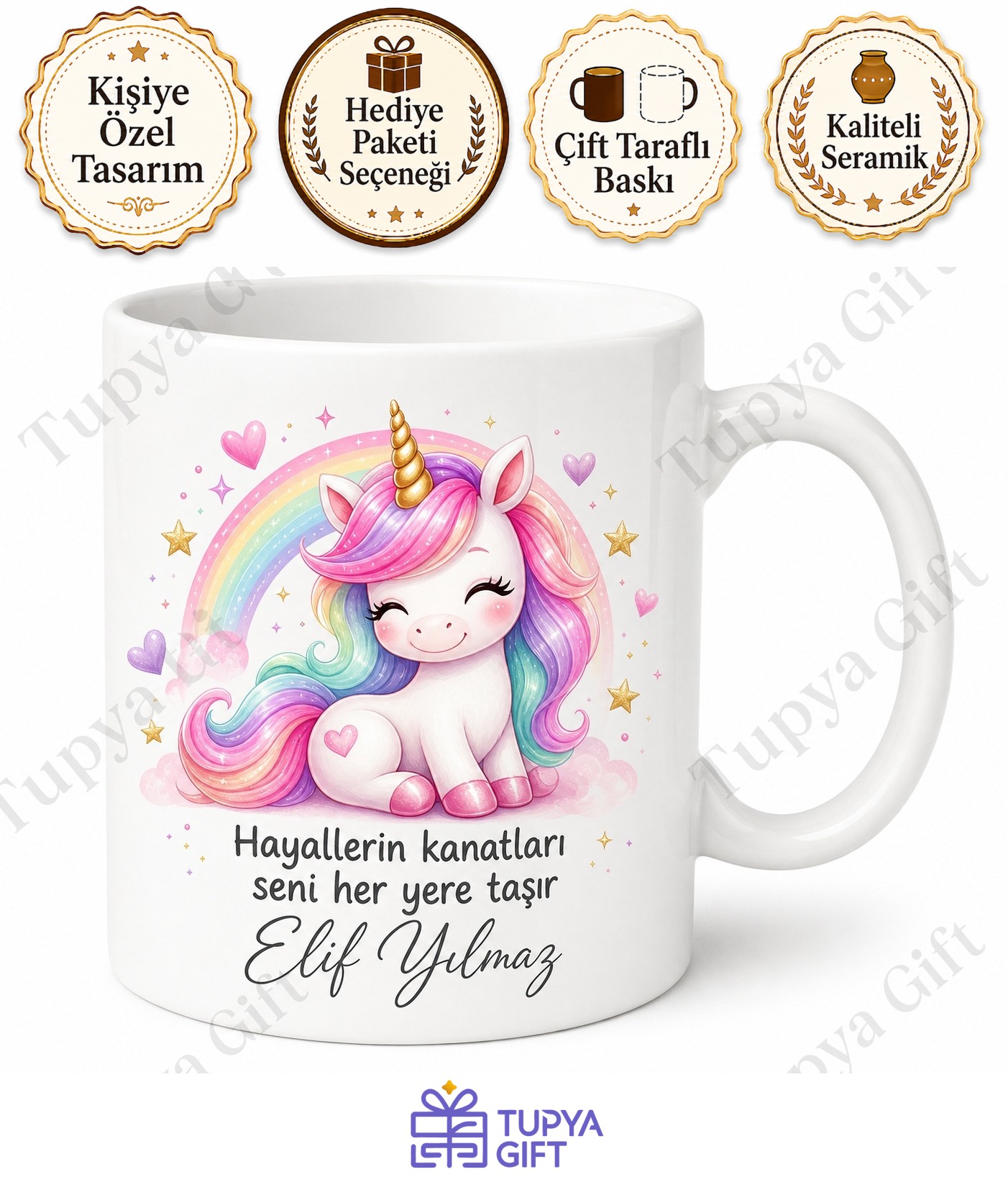 Unicorn Temalı Çocuk Hediyesi Baskılı Porselen Kupa Bardak Özel Tasarım