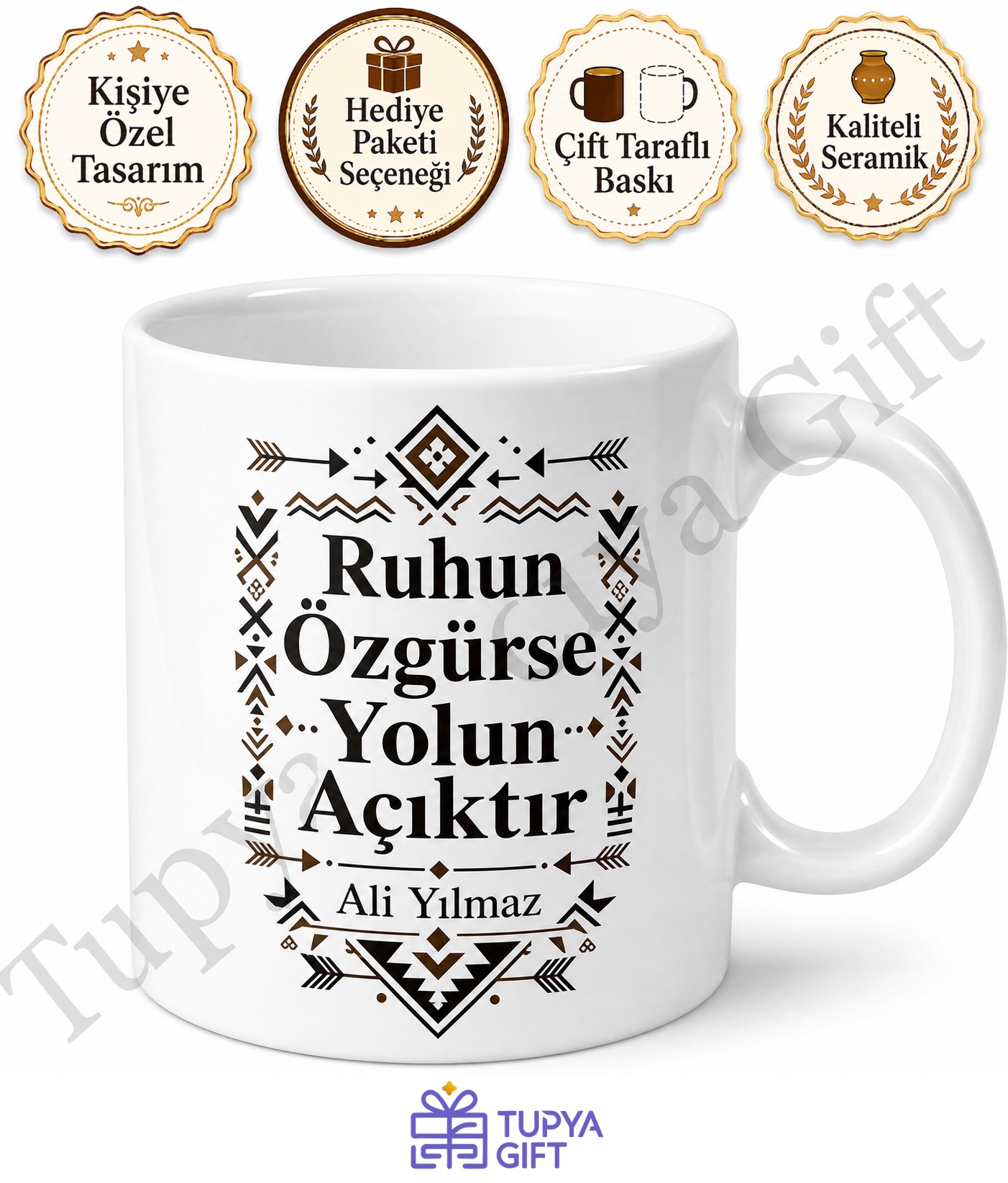 Tribal Desenli Kişiye Özel Baskılı Kupa Bardak | Etnik Hediye