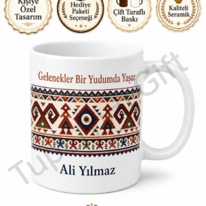 Kilim Deseni Baskılı Porselen Kupa Bardak Geleneksel Motif Hediye