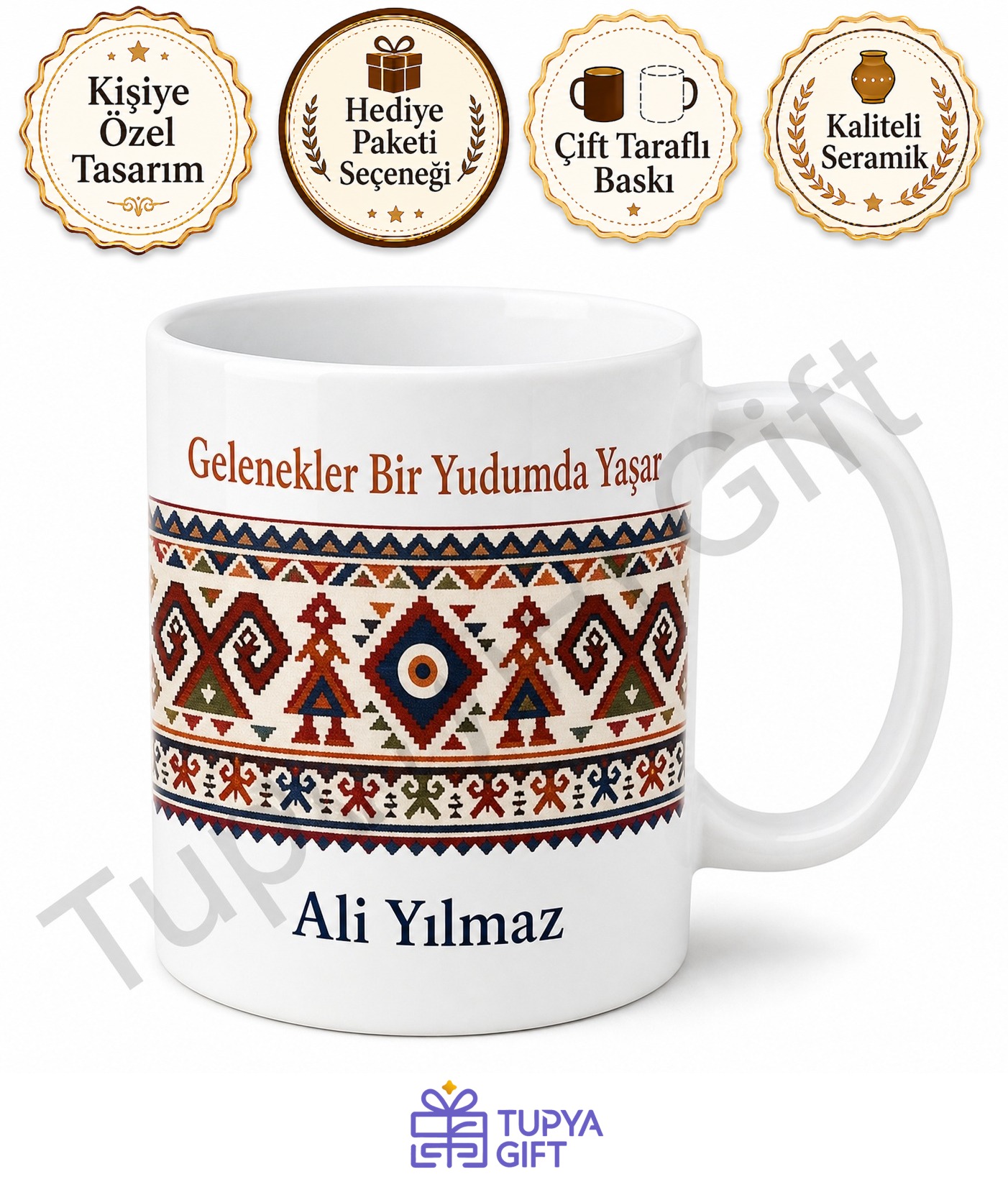Kilim Deseni Baskılı Porselen Kupa Bardak Geleneksel Motif Hediye