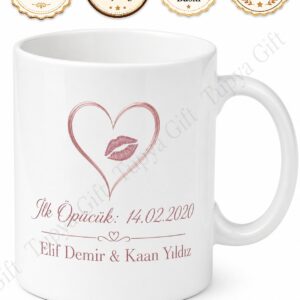 İlk Öpücük Tarihi Yazılı Çiftlere Özel Kupa Bardak Sevgiliye Hediye