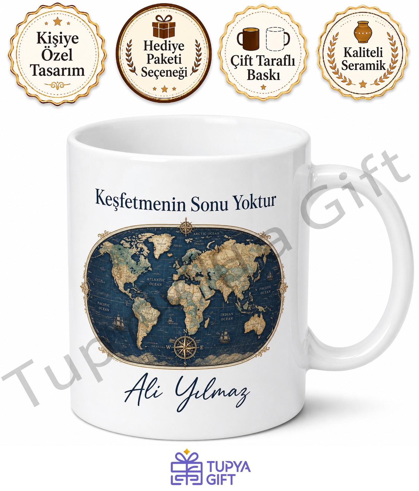 Harita Temalı Baskılı Kupa Bardak Hediye Dünya Haritası Desenli Porselen Mug