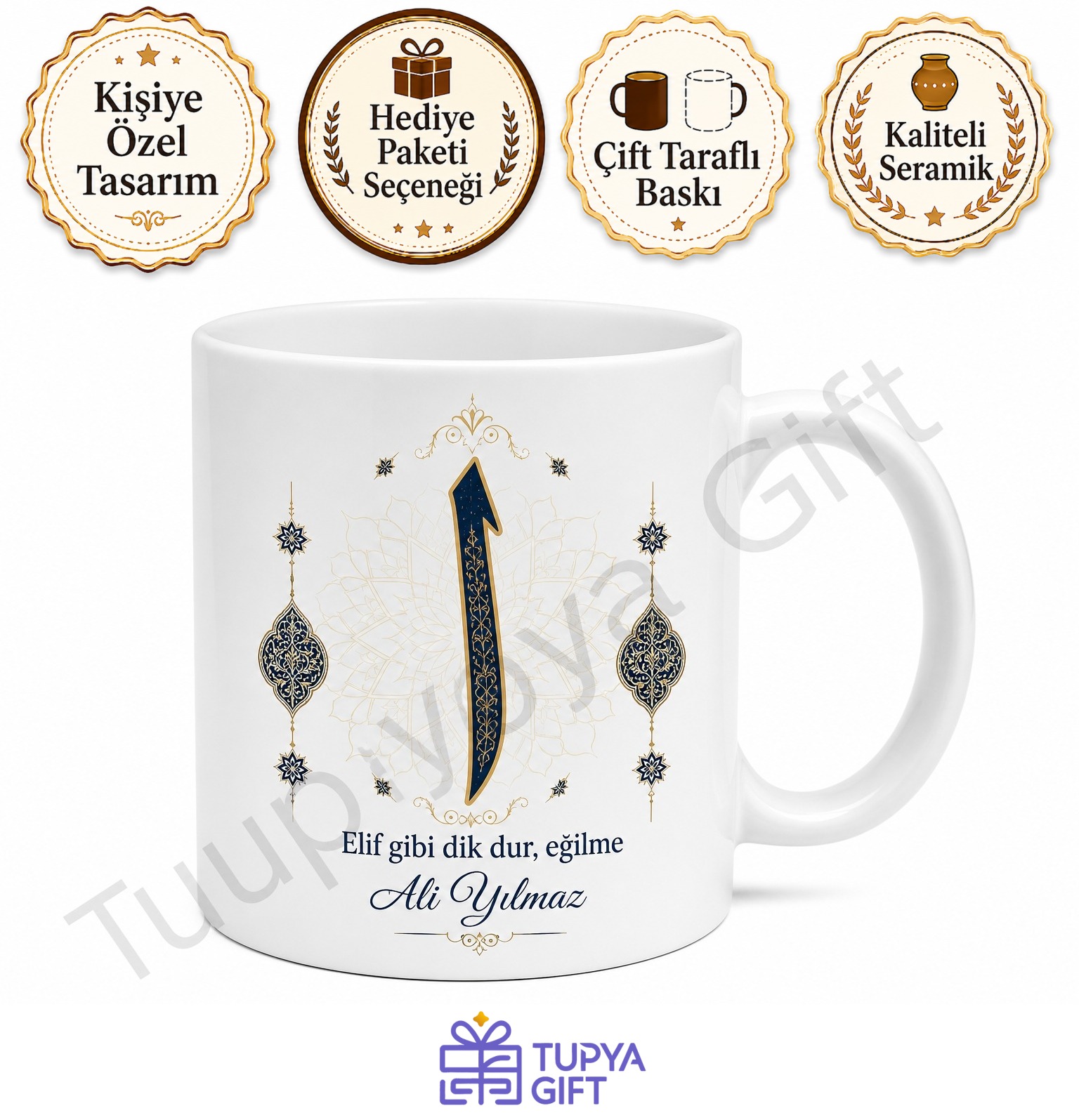 Elif Harfi Temalı Baskılı Kupa Bardak Hediye Özel Tasarım Porselen Mug