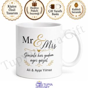 Mr & Mrs Yazılı Kupa Bardak Sevgiliye Hediye Özel Tasarım Baskılı Kupa