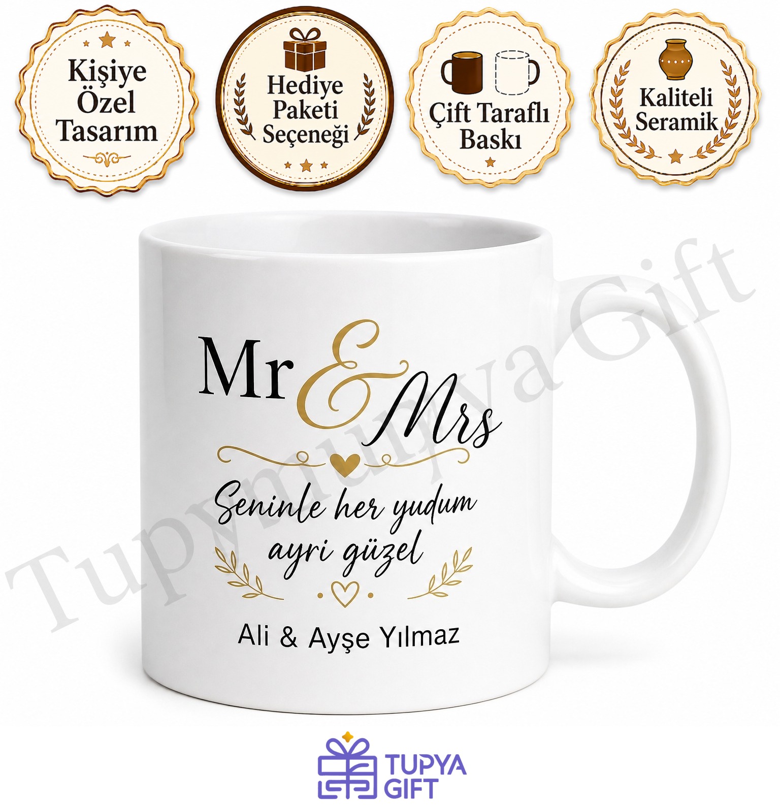 Mr & Mrs Yazılı Kupa Bardak Sevgiliye Hediye Özel Tasarım Baskılı Kupa