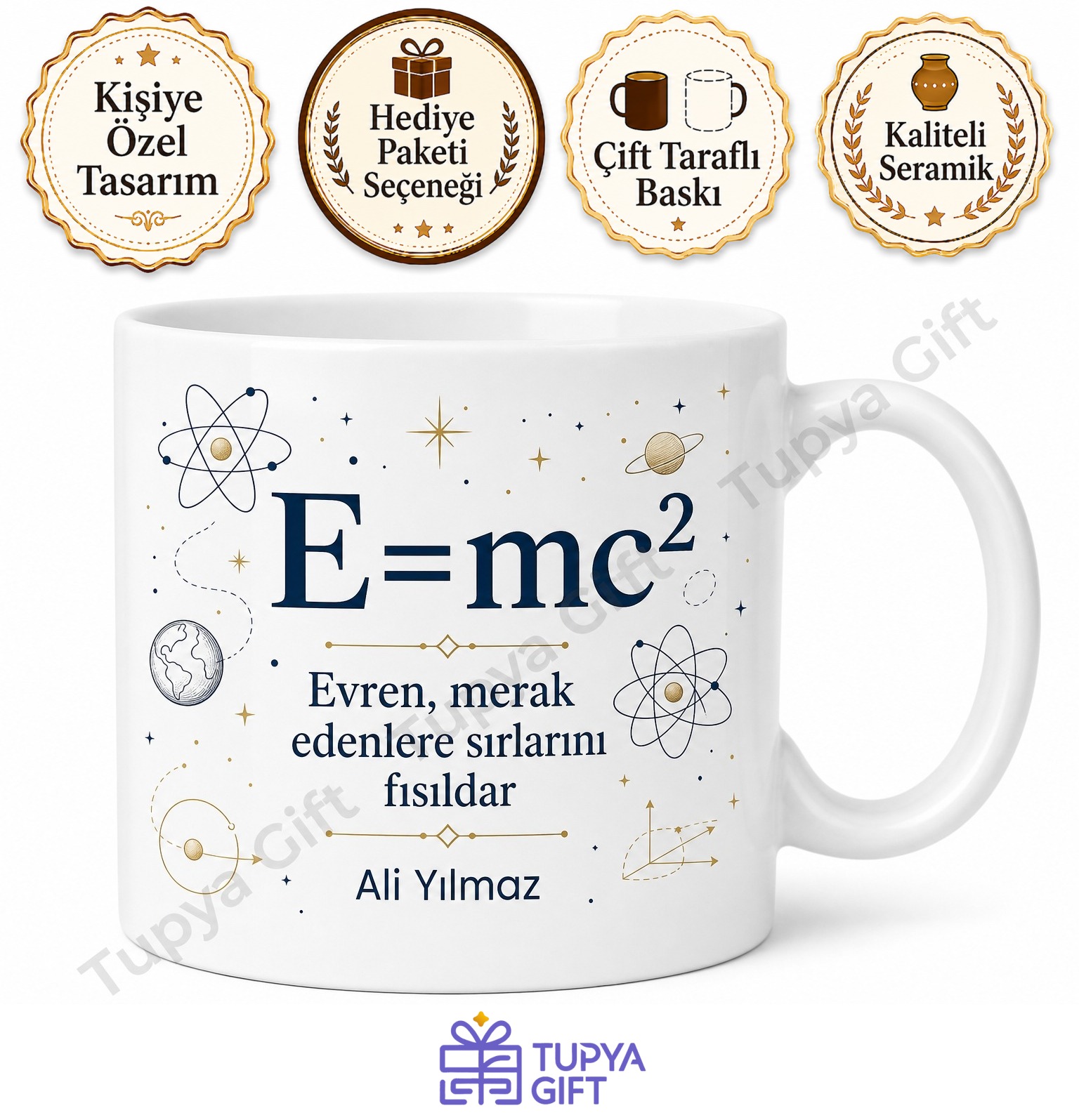 E=mc2 Temalı Fizik Sever Hediyesi Baskılı Porselen Kupa Bardak