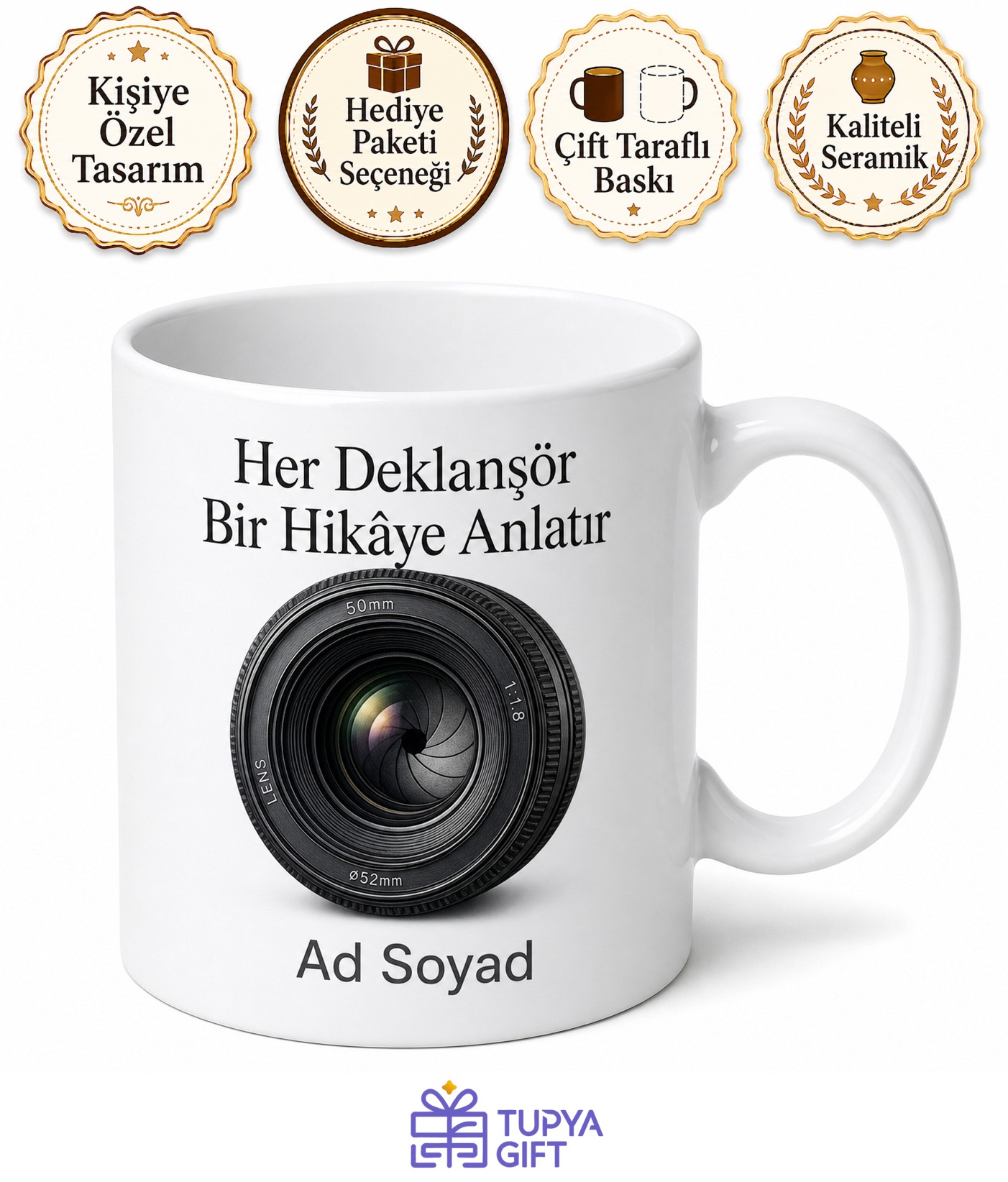 Fotoğrafçıya Hediye Kamera Lens Görünümlü Baskılı Kupa Bardak Özel Tasarım