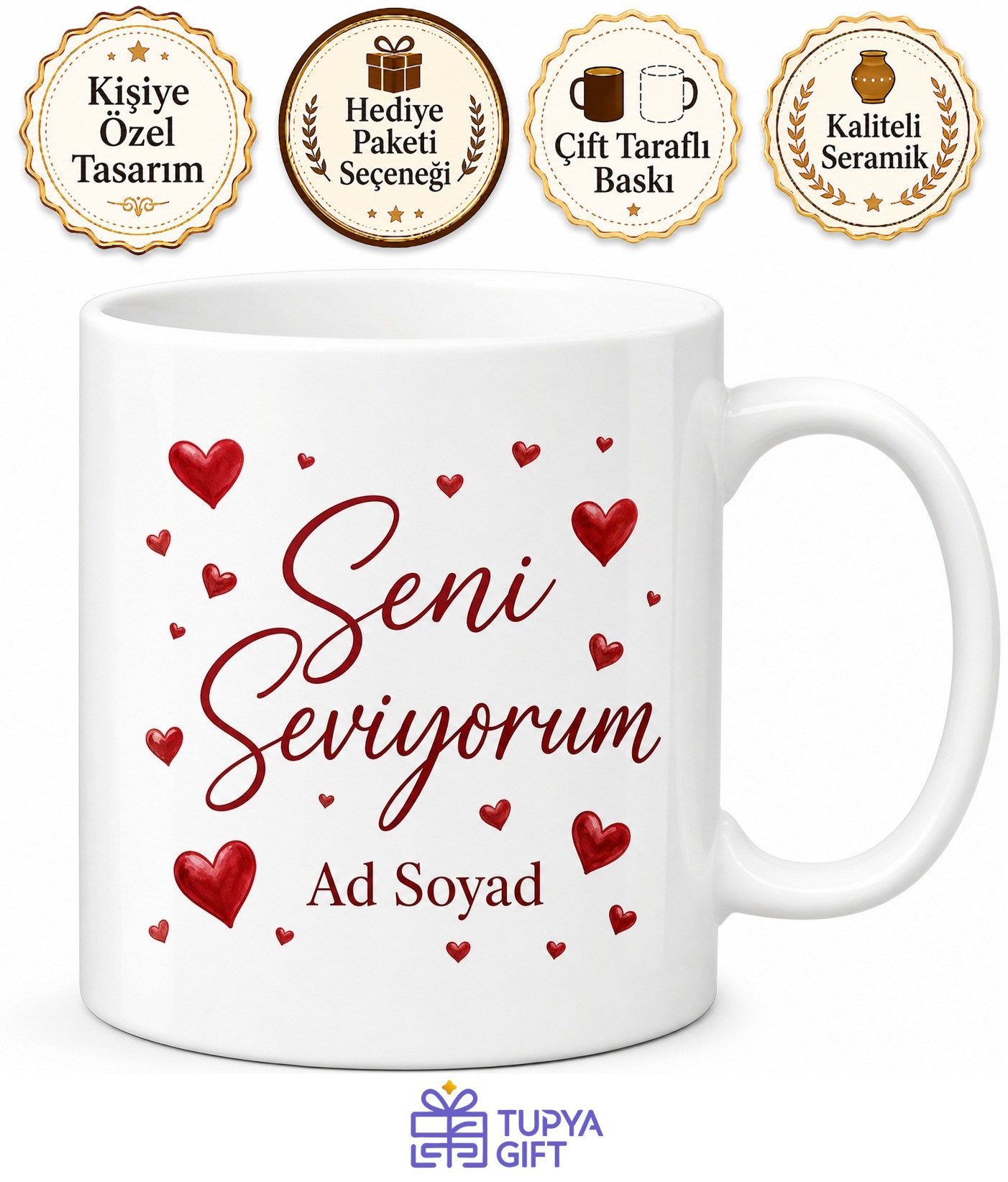 Kırmızı Kalpli Seni Seviyorum İsimli Sevgili Kupası Hediye Bardak