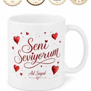 Seni Seviyorum Yazılı Kırmızı Kalpli Hediye Kupa Bardak Sevgiliye Özel Tasarım