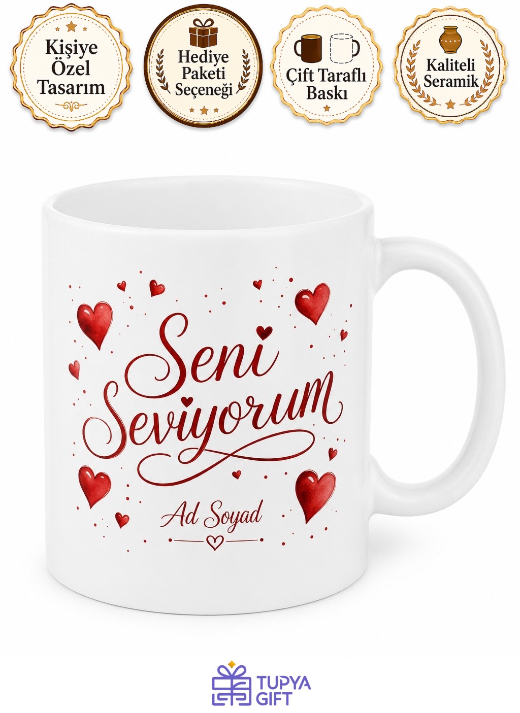 Seni Seviyorum Yazılı Kırmızı Kalpli Hediye Kupa Bardak Sevgiliye Özel Tasarım