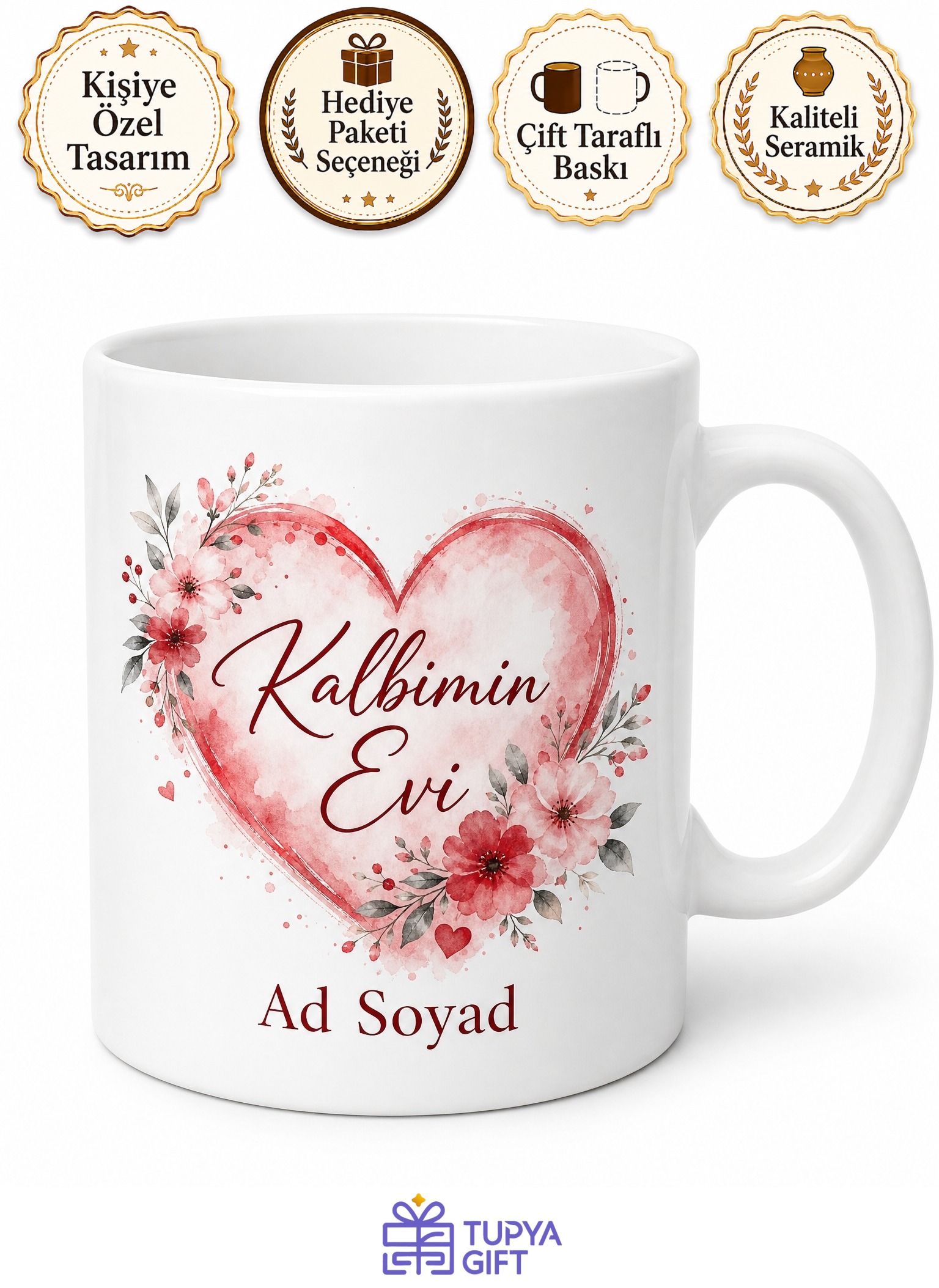 İsme Özel Kalbimin Evi Yazılı Kupa Bardak Sevgiliye Hediye Özel Tasarım