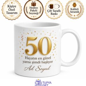 İsimli Kupa 50 Yaş Doğum Günü Baskılı Hediye Bardak Özel Tasarım
