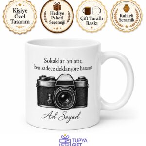 Sokak Fotoğrafçısına Analog Kamera Deklanşör Temalı Baskılı Kupa Bardak Hediye