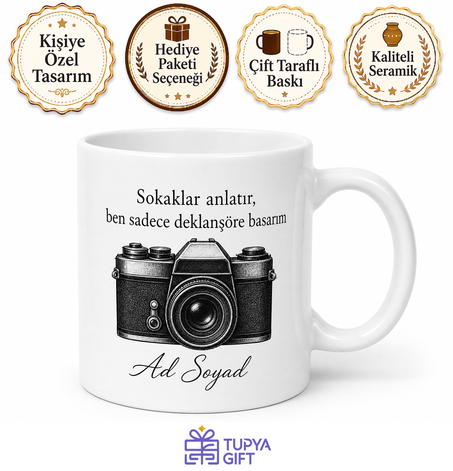 Sokak Fotoğrafçısına Analog Kamera Deklanşör Temalı Baskılı Kupa Bardak Hediye