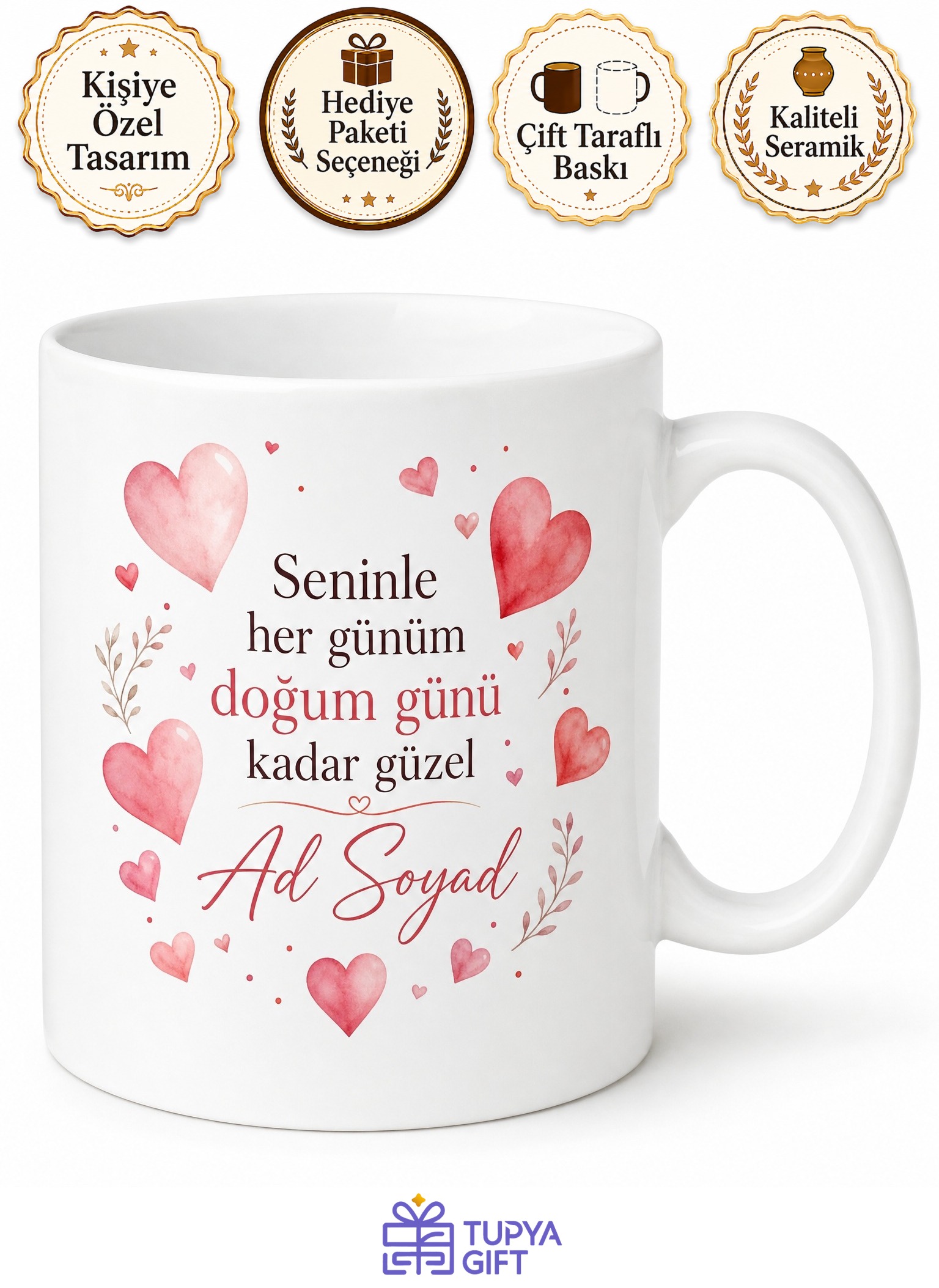 Eşe Doğum Günü Hediyesi Kişiye Özel Mesajlı Baskılı Kupa Bardak