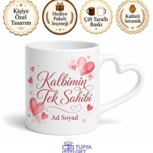 İsimli Kalp Kulplu Kupa Bardak Özel Tasarım Baskılı Hediye Sevgiliye