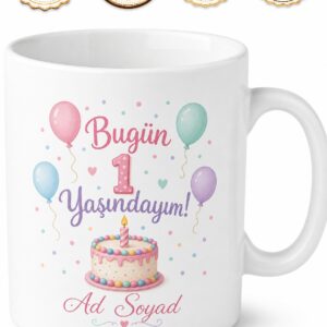İsimli Kupa 1 Yaş Doğum Günü Özel Baskılı Hediye Bardak Porselen