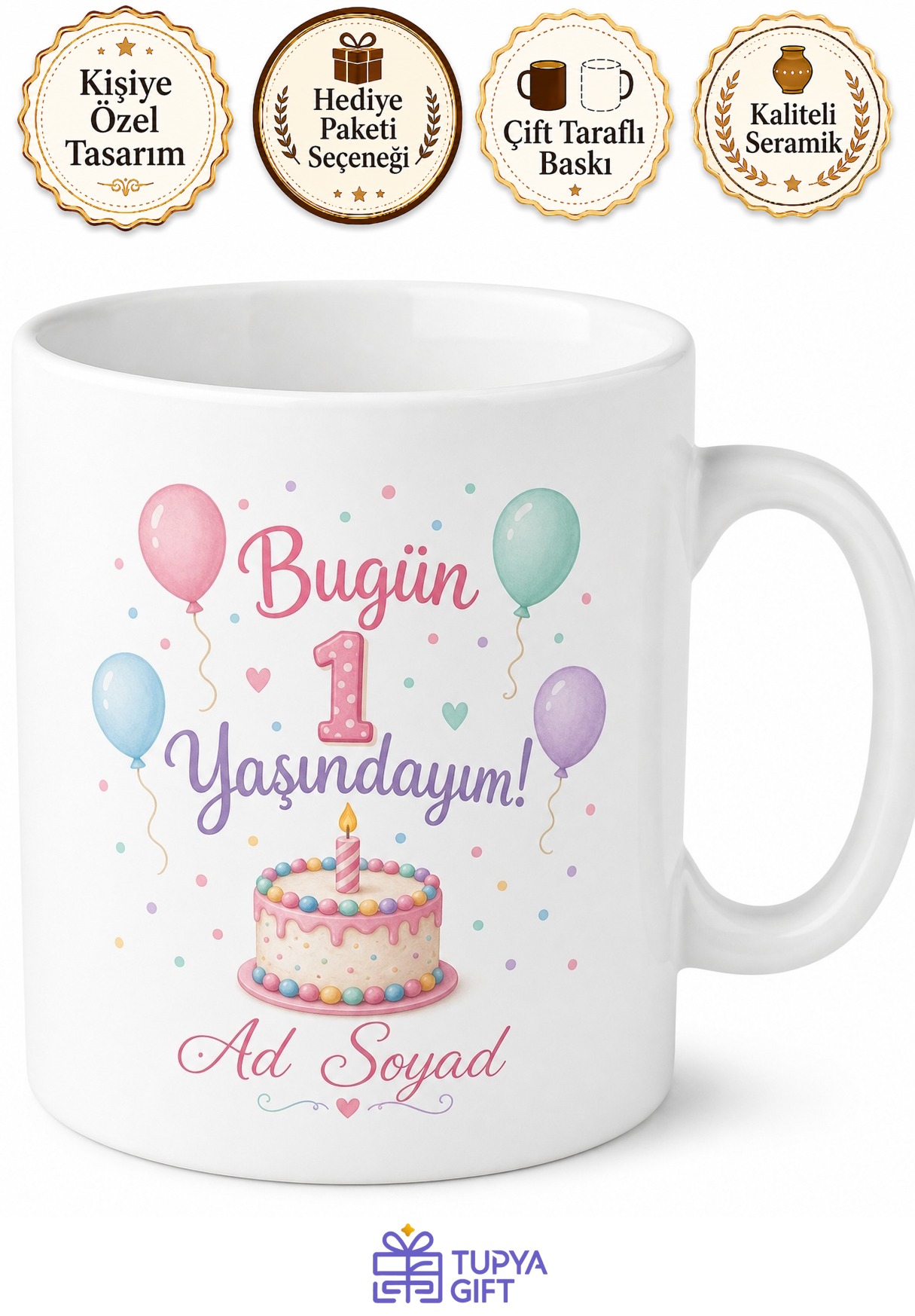 İsimli Kupa 1 Yaş Doğum Günü Özel Baskılı Hediye Bardak Porselen