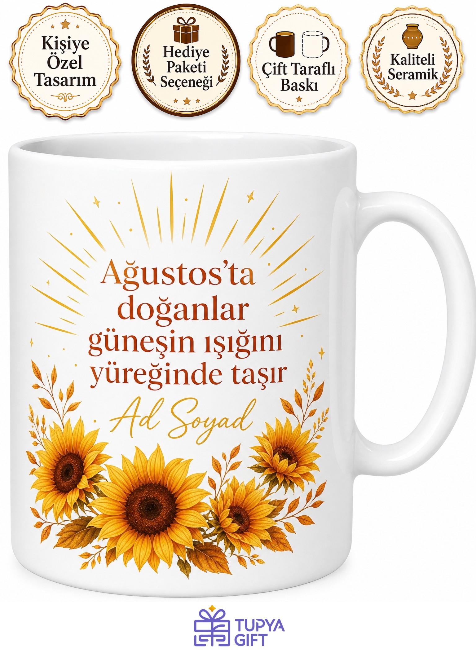 İsimli Ağustos Ayı Doğumlu Kişiye Özel Baskılı Kupa Bardak Hediye