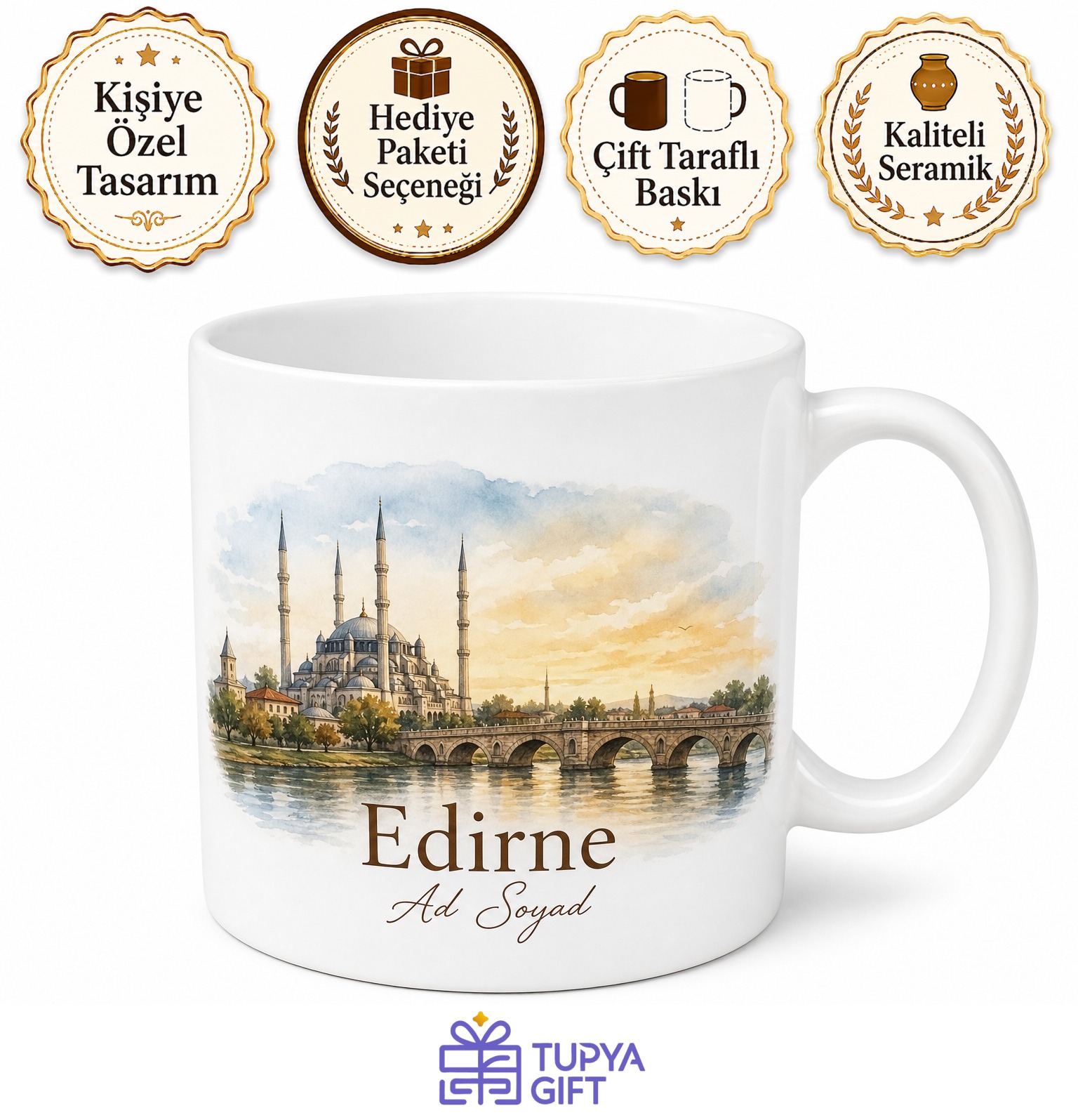 Edirne Şehir Hatırası Fotoğraflı Kupa Bardak Hediye Porselen Mug