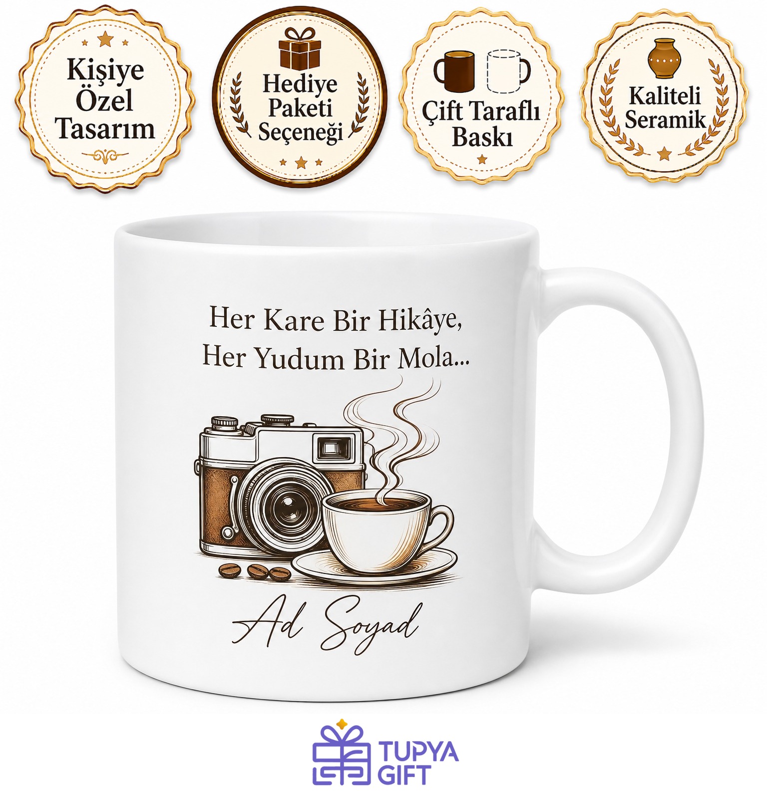 Kahve ve Fotoğraf Aşkı Yazılı Kupa Bardak Özel Tasarım Hediye