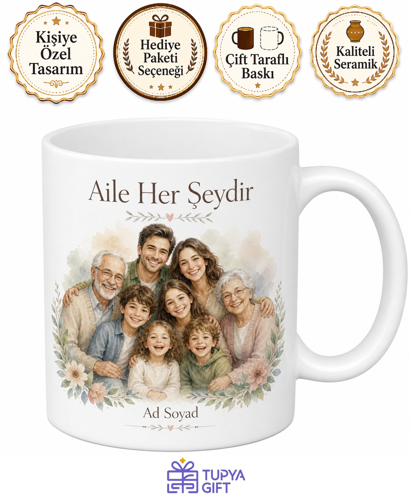 Kişiye Özel Kalabalık Aile Fotoğraflı Kupa Bardak İsimli Hediye