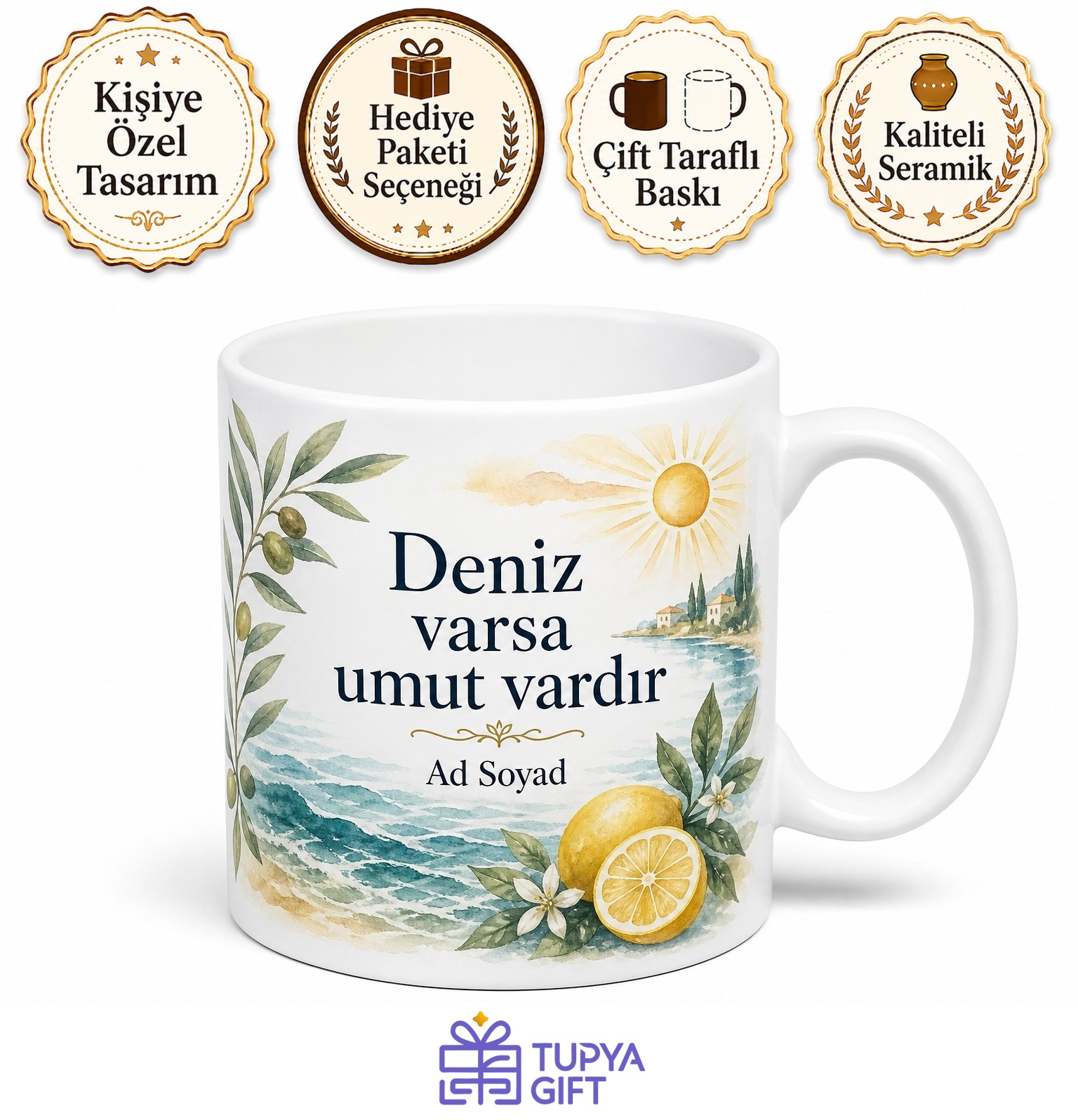 Akdeniz Yazı Temalı Baskılı Kupa Bardak Hediye Porselen Mug