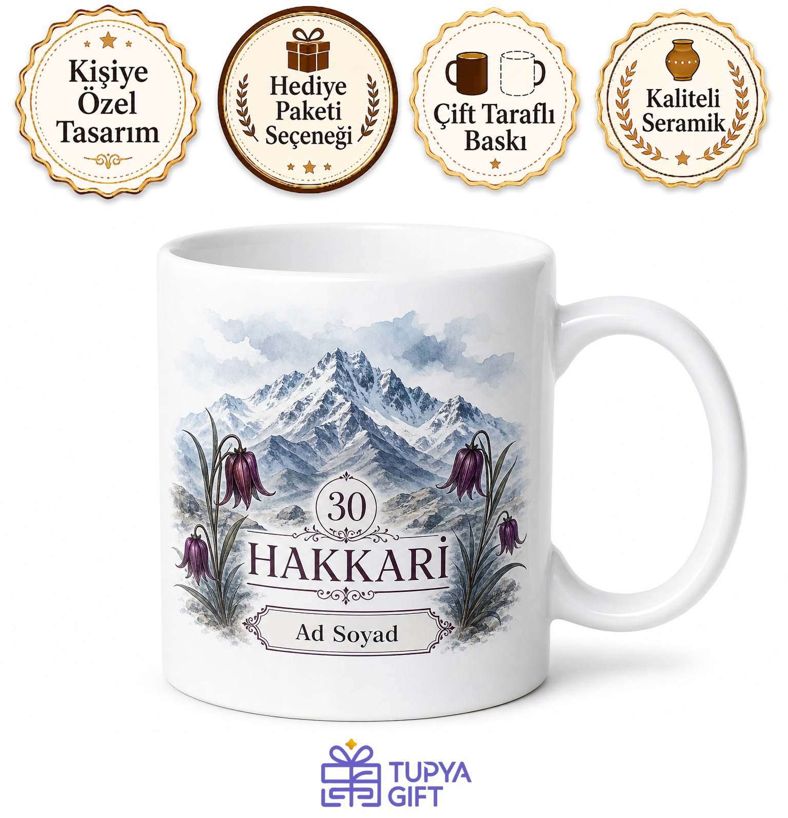 Hakkari Plakalı Sümbül Dağı ve Ters Lale Motifli Şık Kupa Bardak Hediye