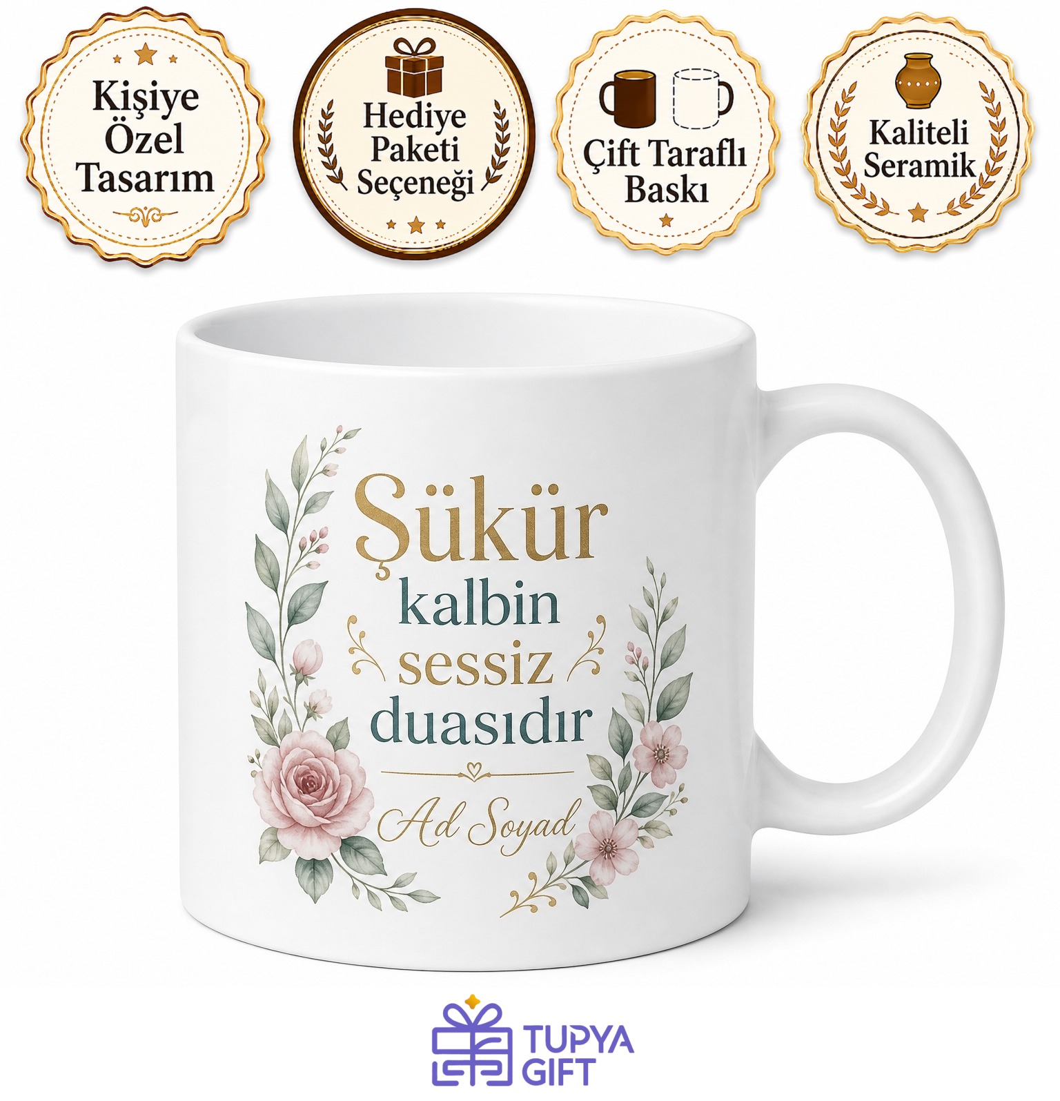 İsme Özel Şükür Yazılı Kupa Bardak Hediye Özel Tasarım Porselen