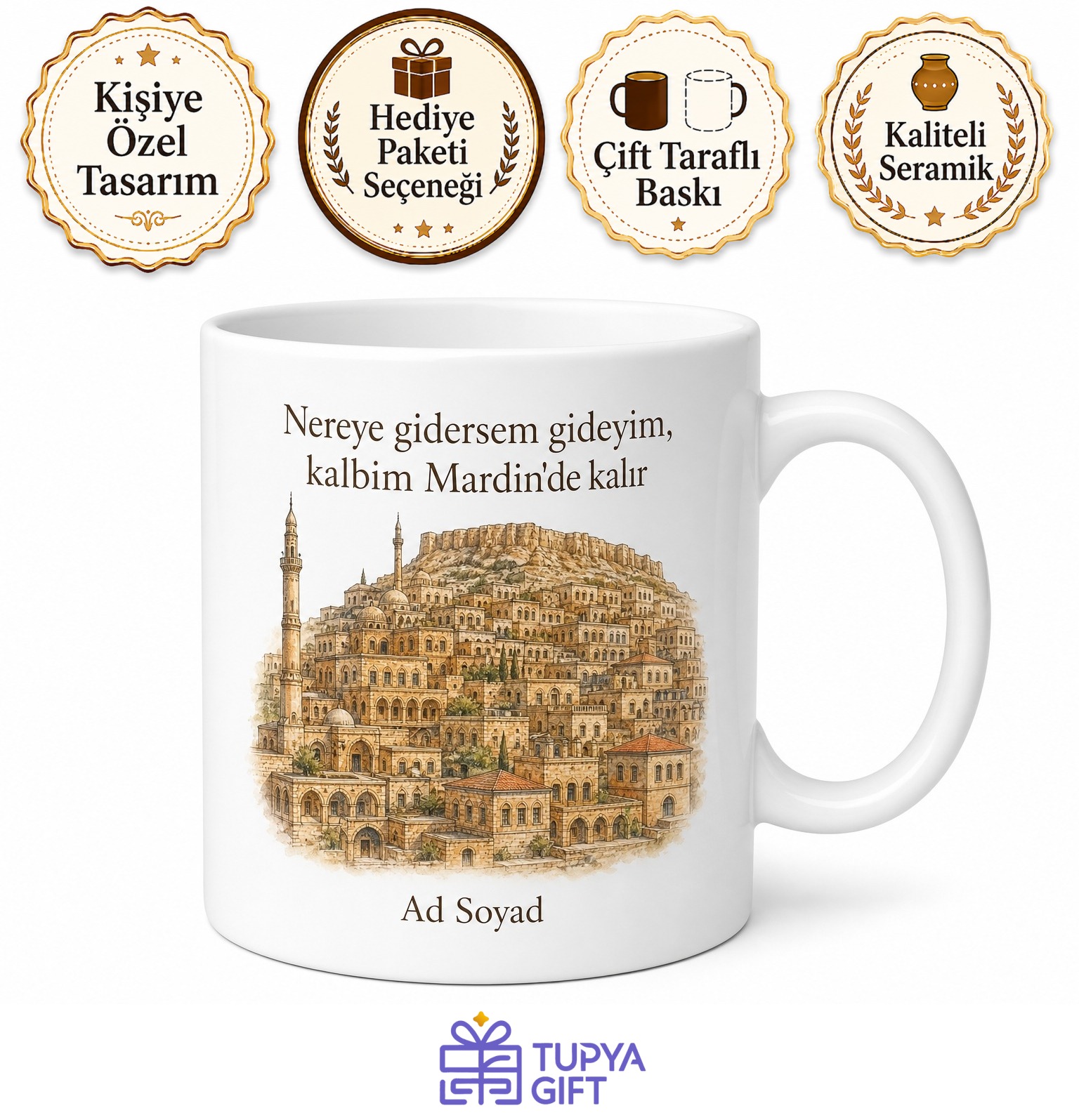 Mardin Memleket Temalı Baskılı Kupa Bardak Hediye Porselen Özel Tasarım