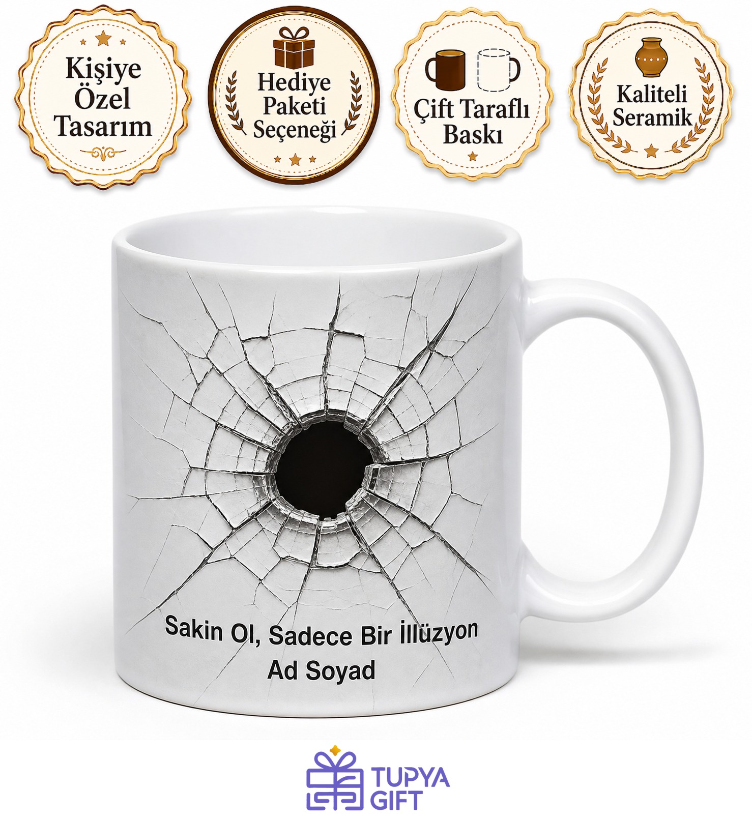 Kırık Cam Temalı Komik Baskılı Kupa Bardak Esprili Hediye Porselen Mug