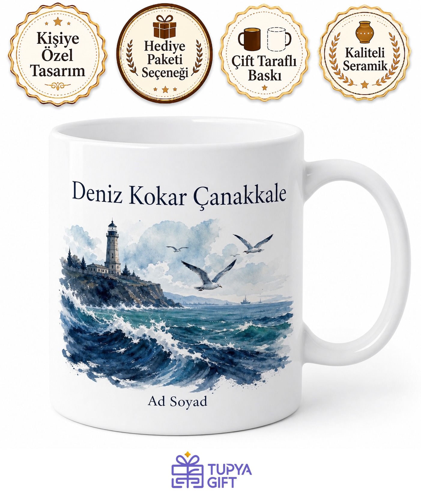Çanakkale Deniz Kokusu Temalı Kupa Bardak Hediye Özel Tasarım Porselen Mug