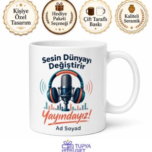 Podcaster Gençlere Yayındayız Kulaklık Mikrofon Kupası Hediye Bardak