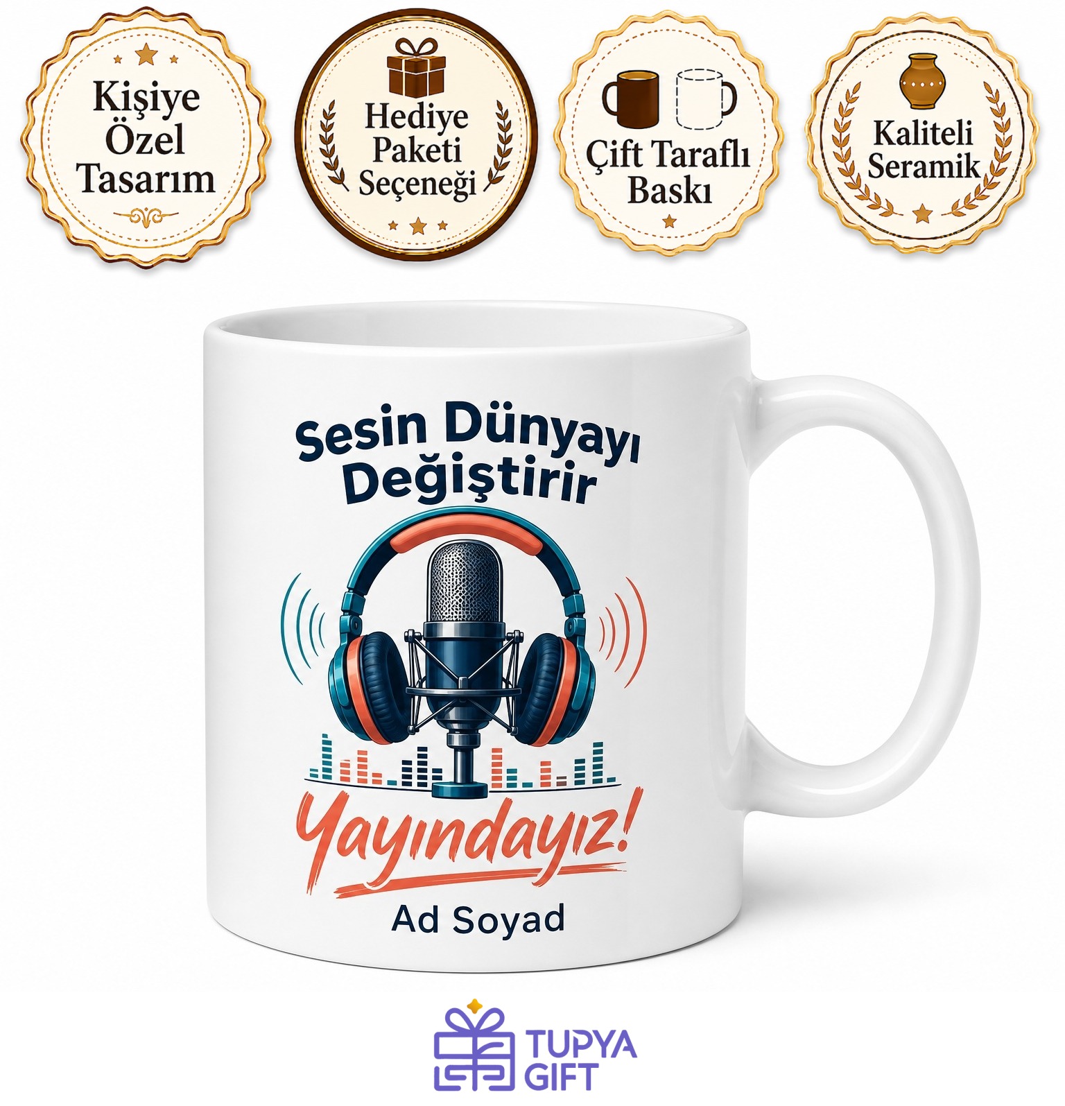 Podcaster Gençlere Yayındayız Kulaklık Mikrofon Kupası Hediye Bardak