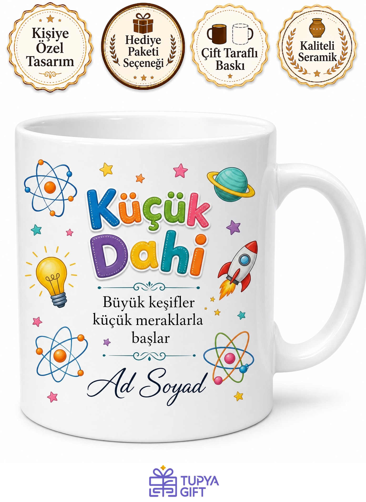 İsimli Çocuk Kupası Küçük Dahi Yazılı Özel Baskılı Porselen Kupa Bardak Hediye