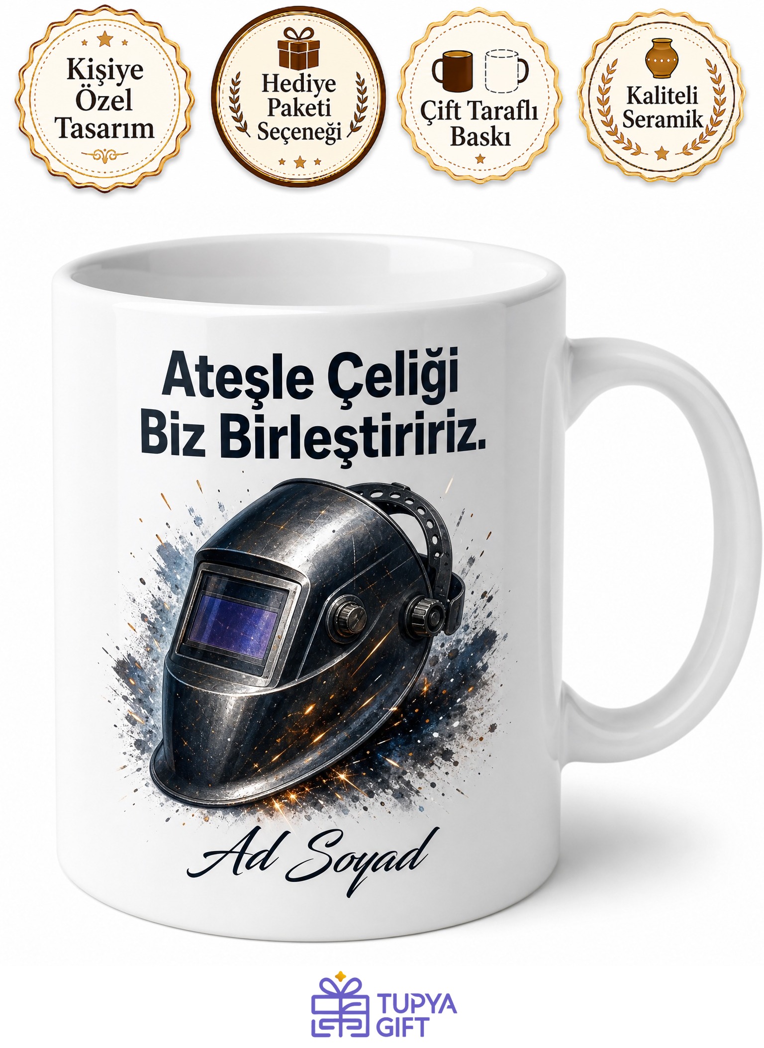 Kaynakçı Argon Gazı Kaynak Maskesi Temalı Baskılı Porselen Kupa Bardak Hediye
