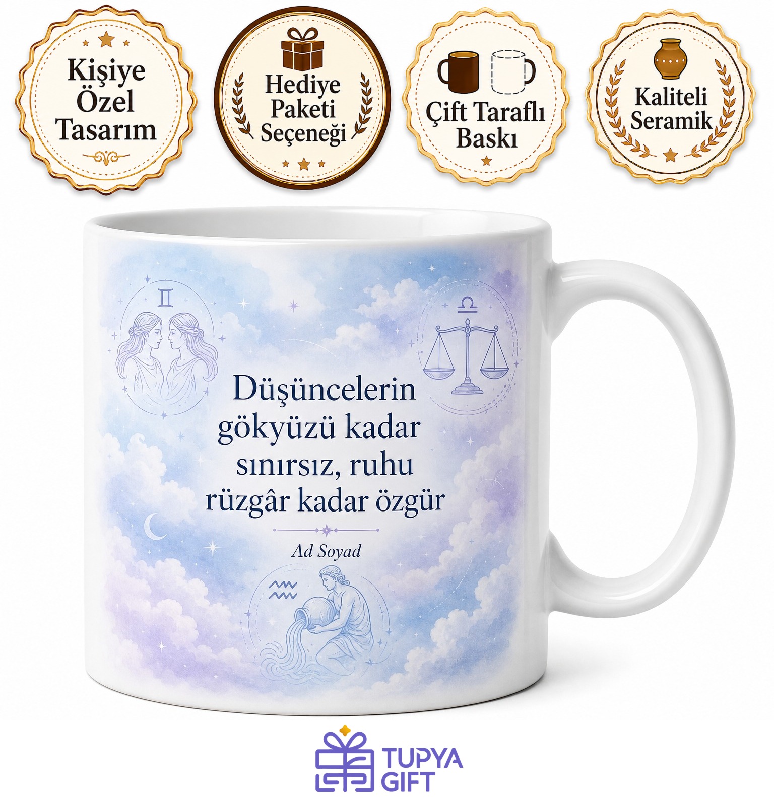 Hava Grubu Burçlarına Özel Bulut Ve Gökyüzü Tasarımlı Kupa Bardak Hediye