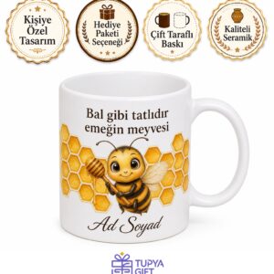 Arıcıya Hediye Petek ve Bal Arısı Temalı Tatlı Çay Kupası Baskılı Kupa Bardak