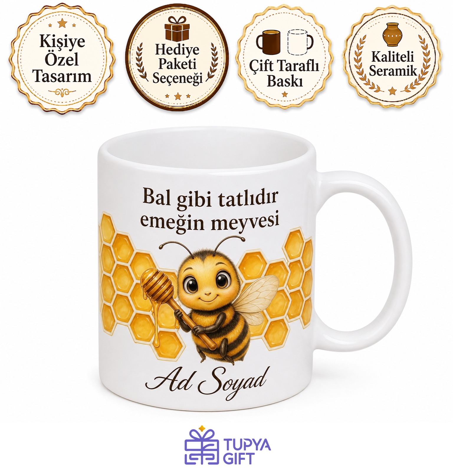 Arıcıya Hediye Petek ve Bal Arısı Temalı Tatlı Çay Kupası Baskılı Kupa Bardak