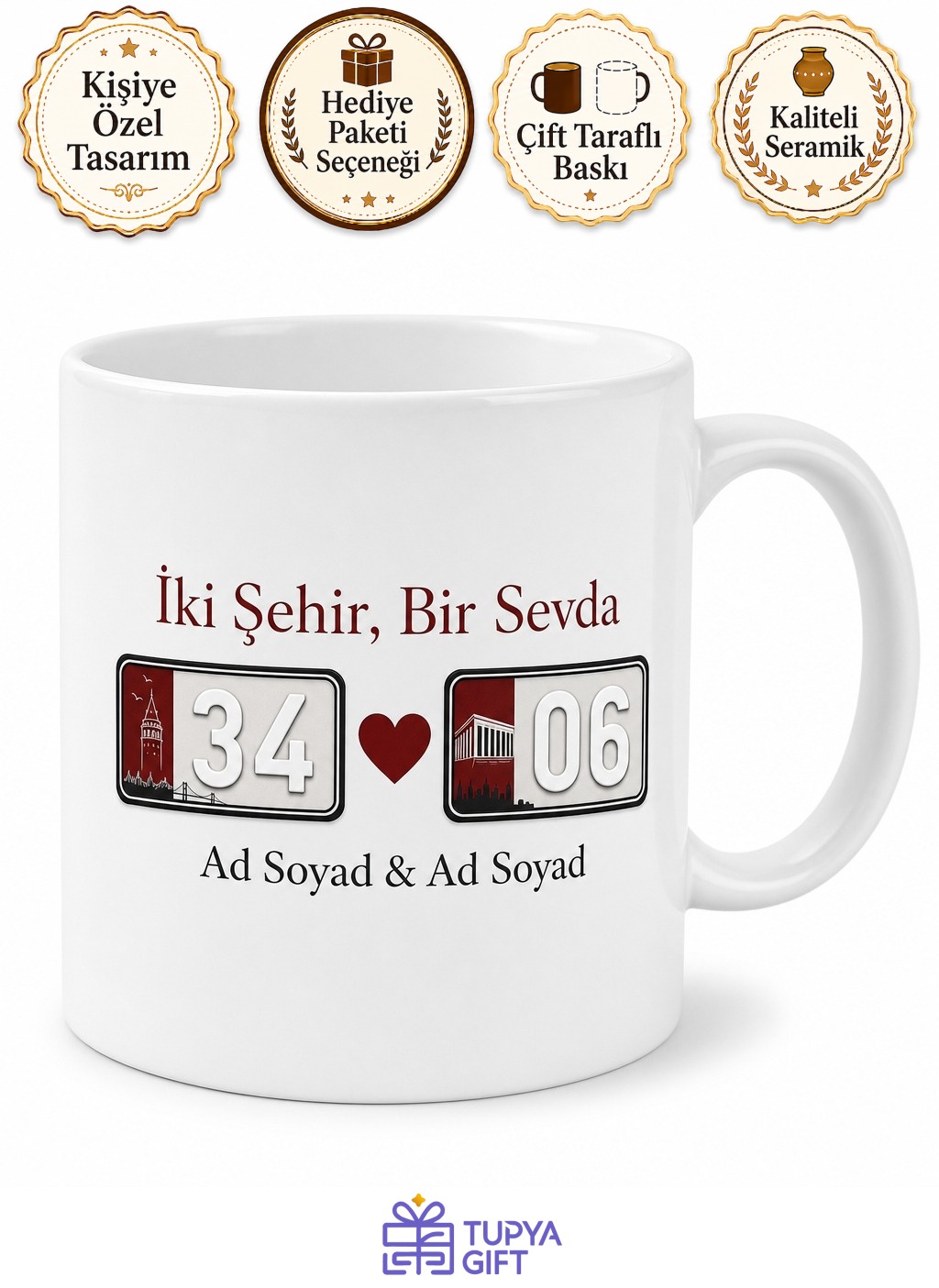 İki Memleketli Plakalı Sevgiliye Özel Kupa Bardak Hediye