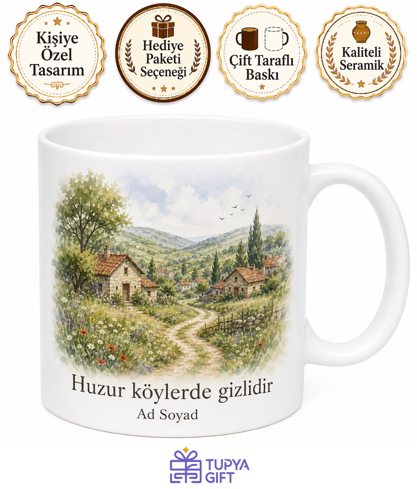 Suluboya Köy Manzaralı Kupa Bardak - Nostaljik Doğa Tasarım Hediye Kupa