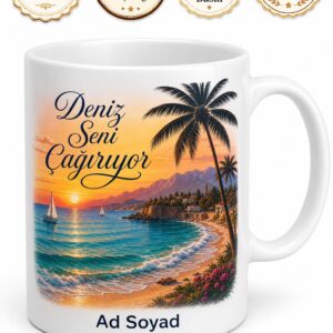 Antalya Deniz Güneş Temalı Kişiye Özel Kupa Bardak Hediye