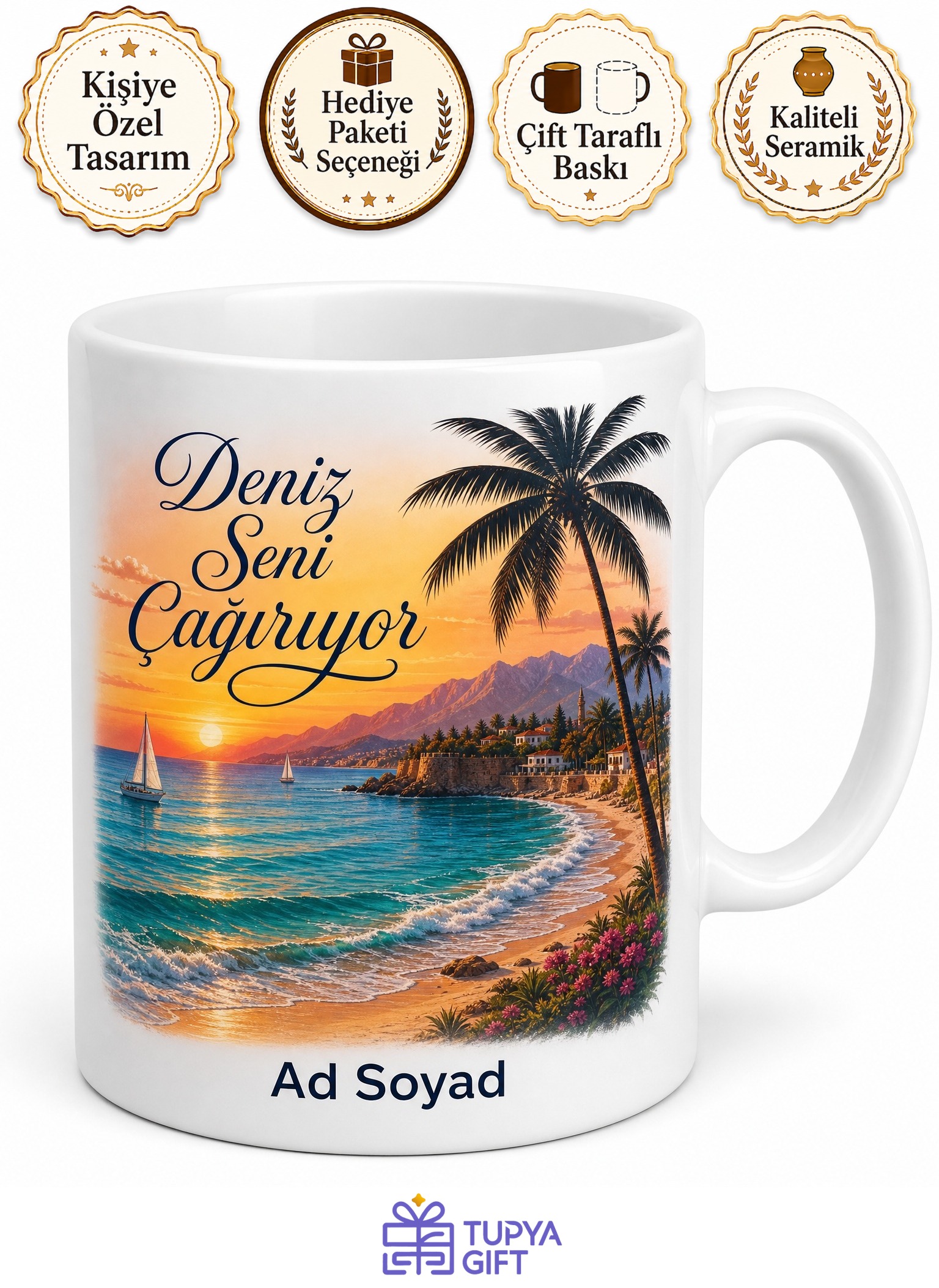 Antalya Deniz Güneş Temalı Kişiye Özel Kupa Bardak Hediye