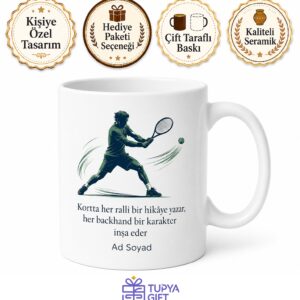 Tenisçiye Hediye Kortta Ralli Backhand Temalı Baskılı Porselen Kupa Bardak