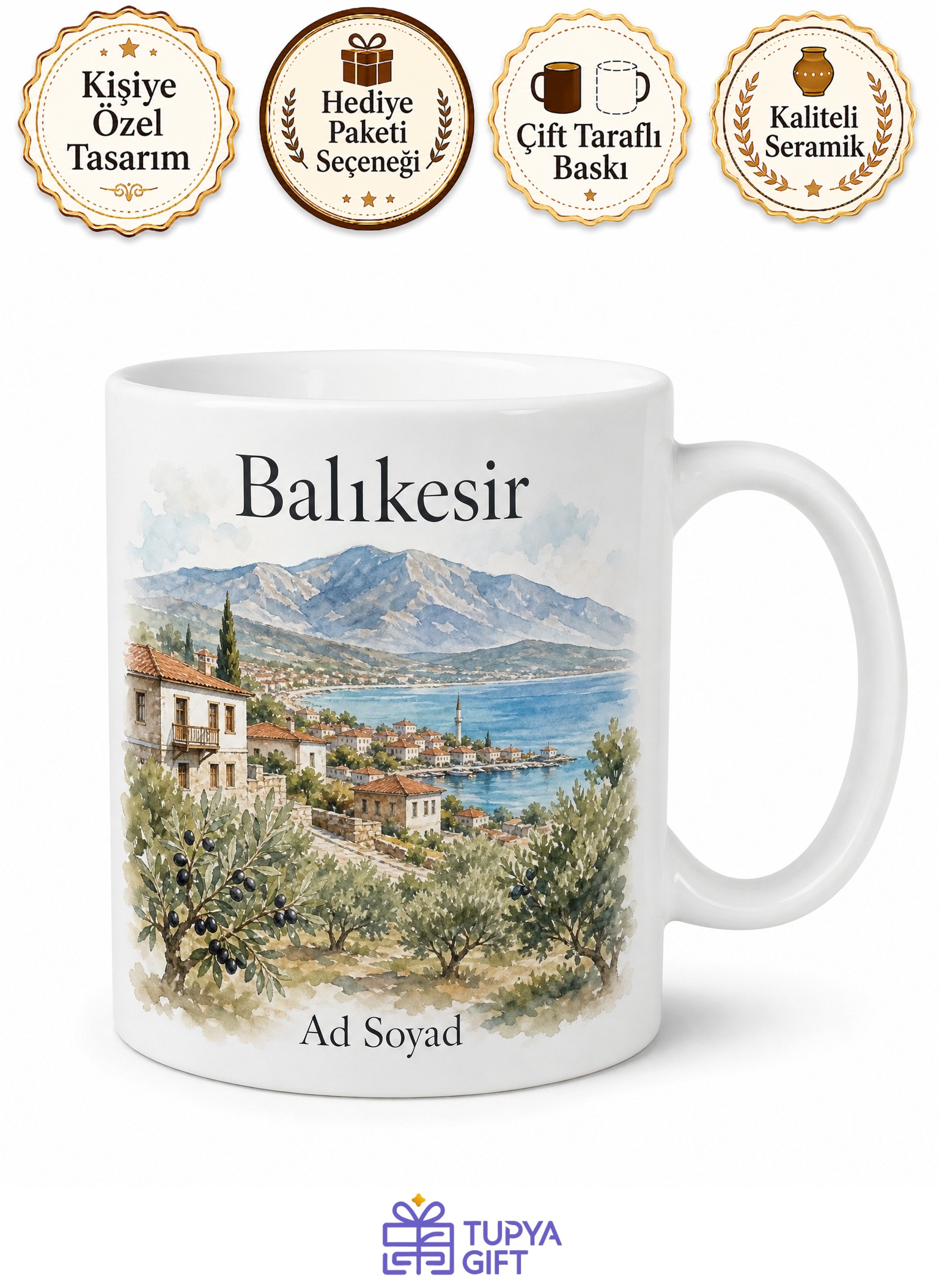 Balıkesir Ege Marmara Hatırası Baskılı Kupa Bardak Hediye Porselen
